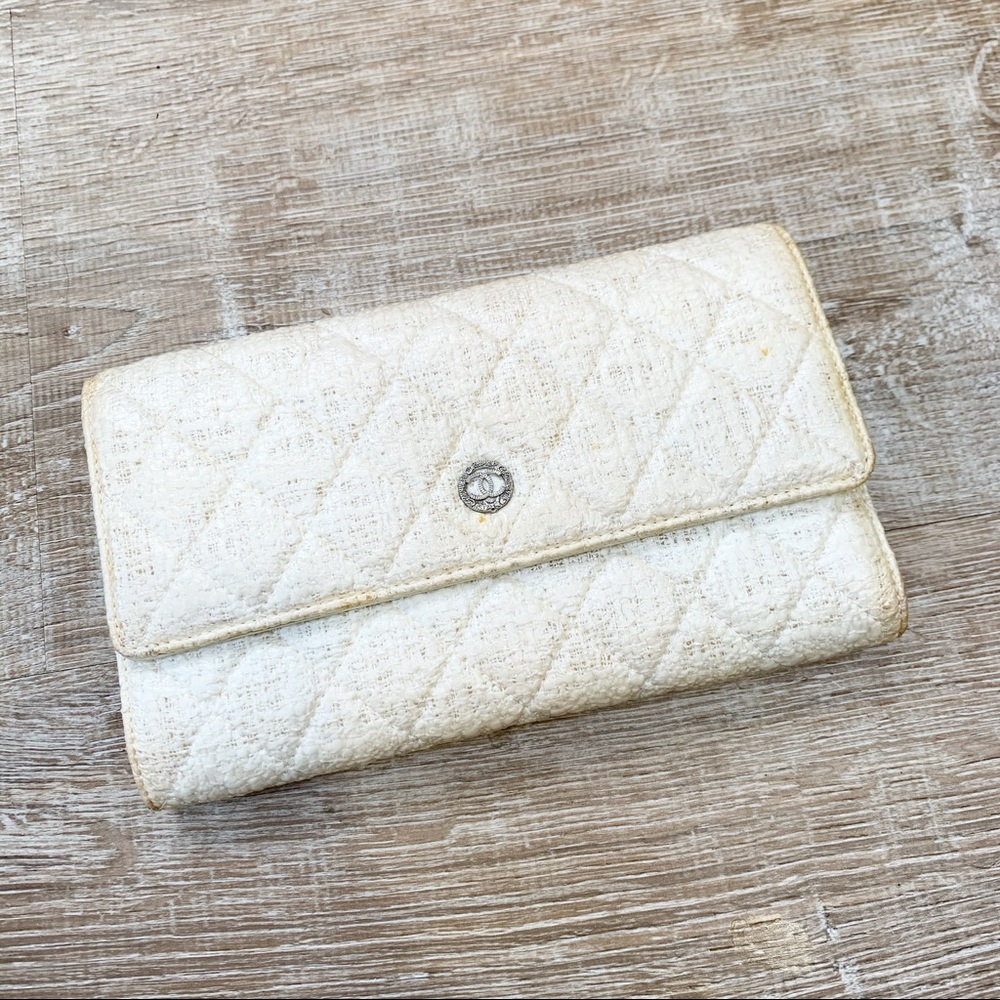 Chanel Off White Quilted Clutch Wallet.